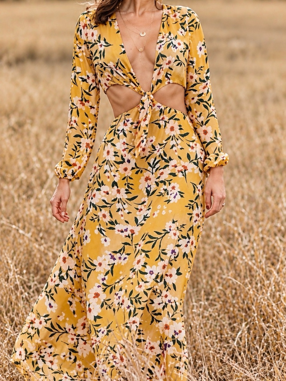 RESA Los Angeles Mustard Floral Cutout Maxi Skirt Set XS NWT